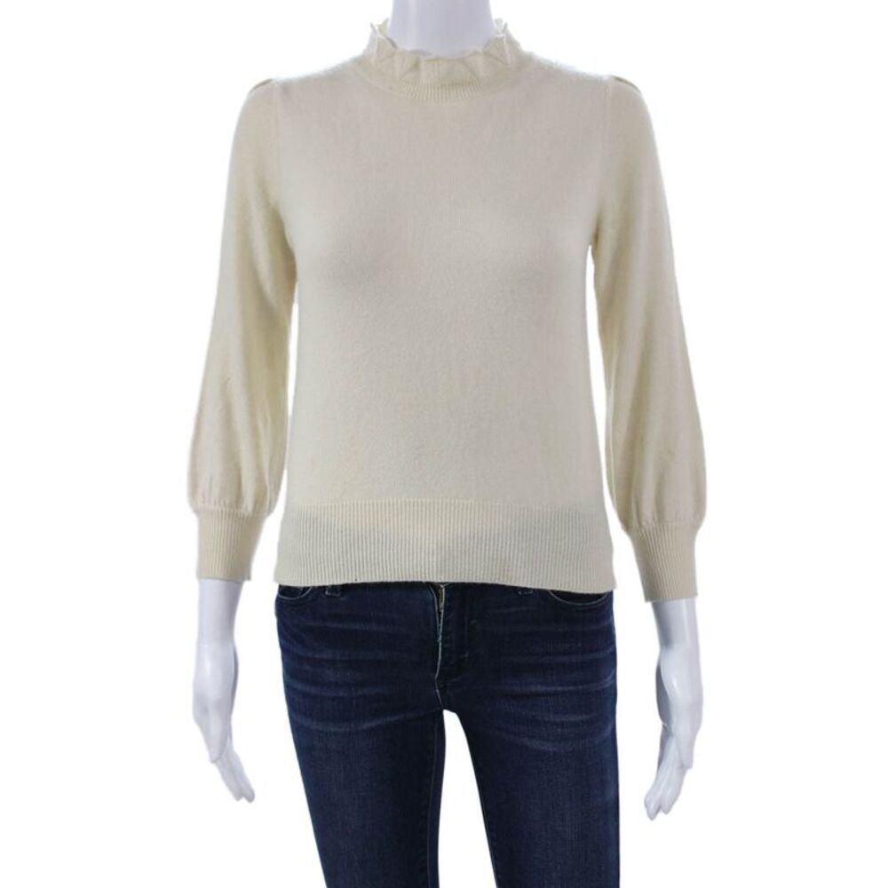 CO Womens Cashmere Blend Ivory High Neck Pullover Sweater 3/4 Sleeve Size S